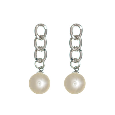 Pearl earrings hanging from a chain