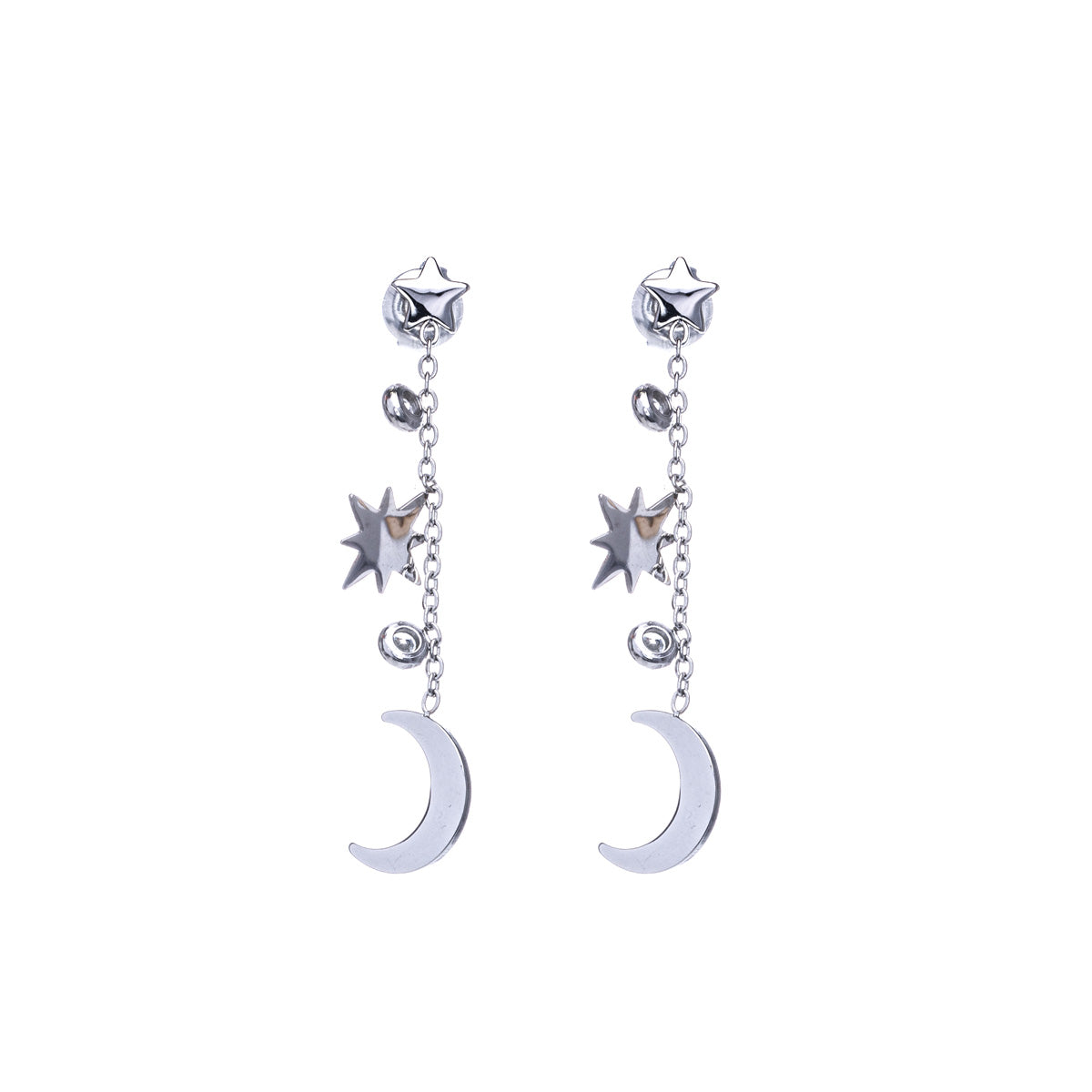 Hanging chain earrings with star and moon (Steel 316L)