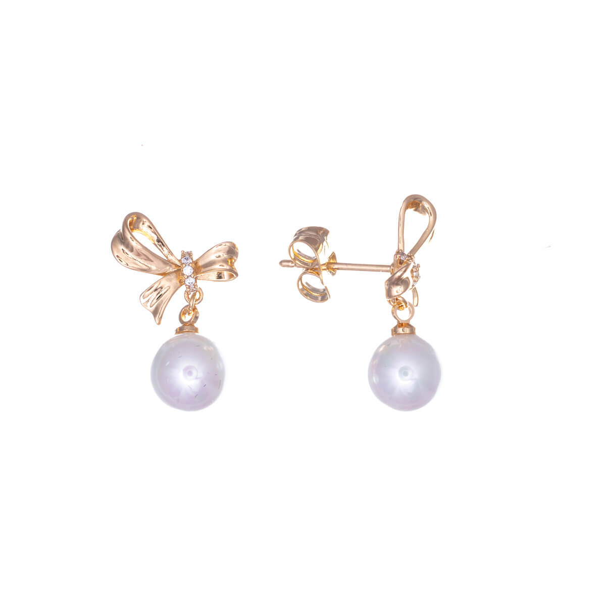 Hanging bow pearl earrings with zirconia stones