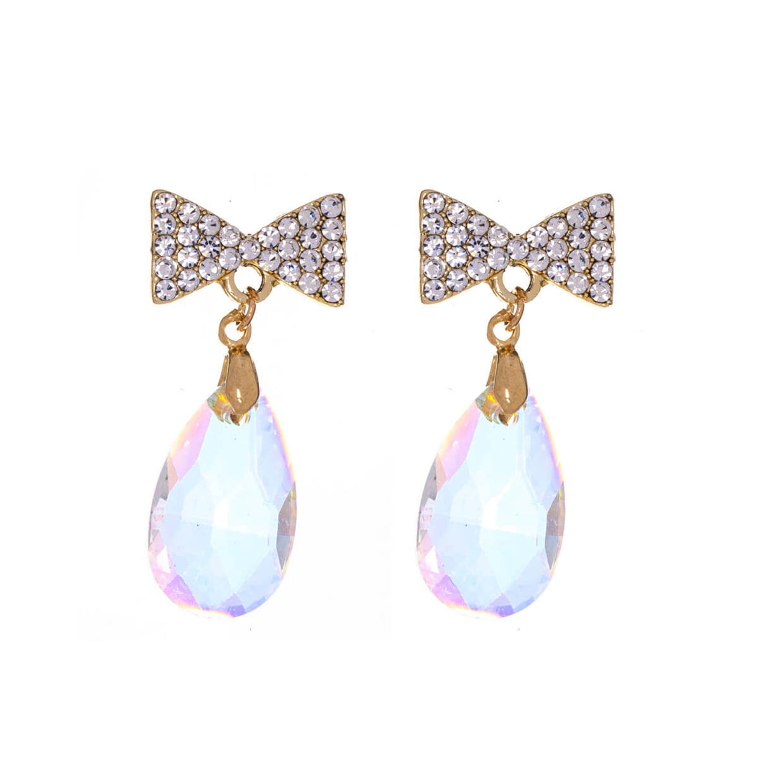 Sparkling bow earrings with dangling teardrops