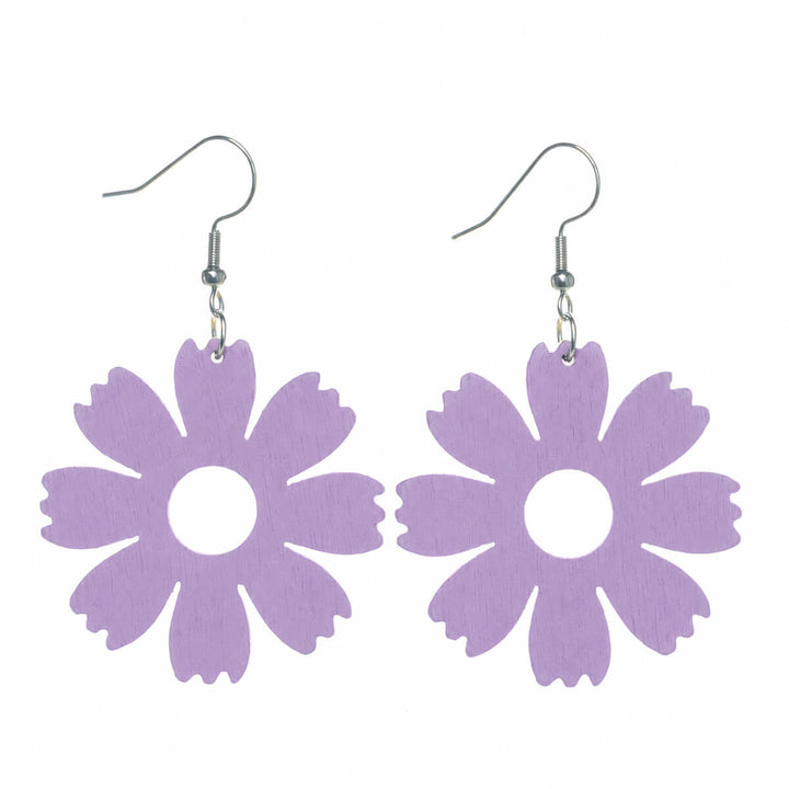 Purple dangling flower earrings with a wooden flower