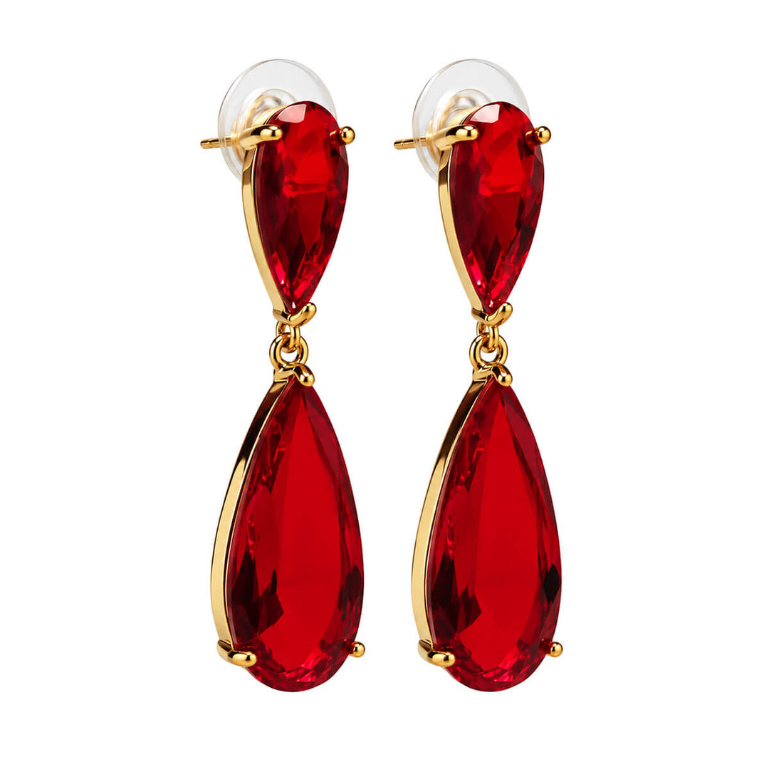 Rubiininpunaiset pisarakorvakorut kullanvärisellä rungolla