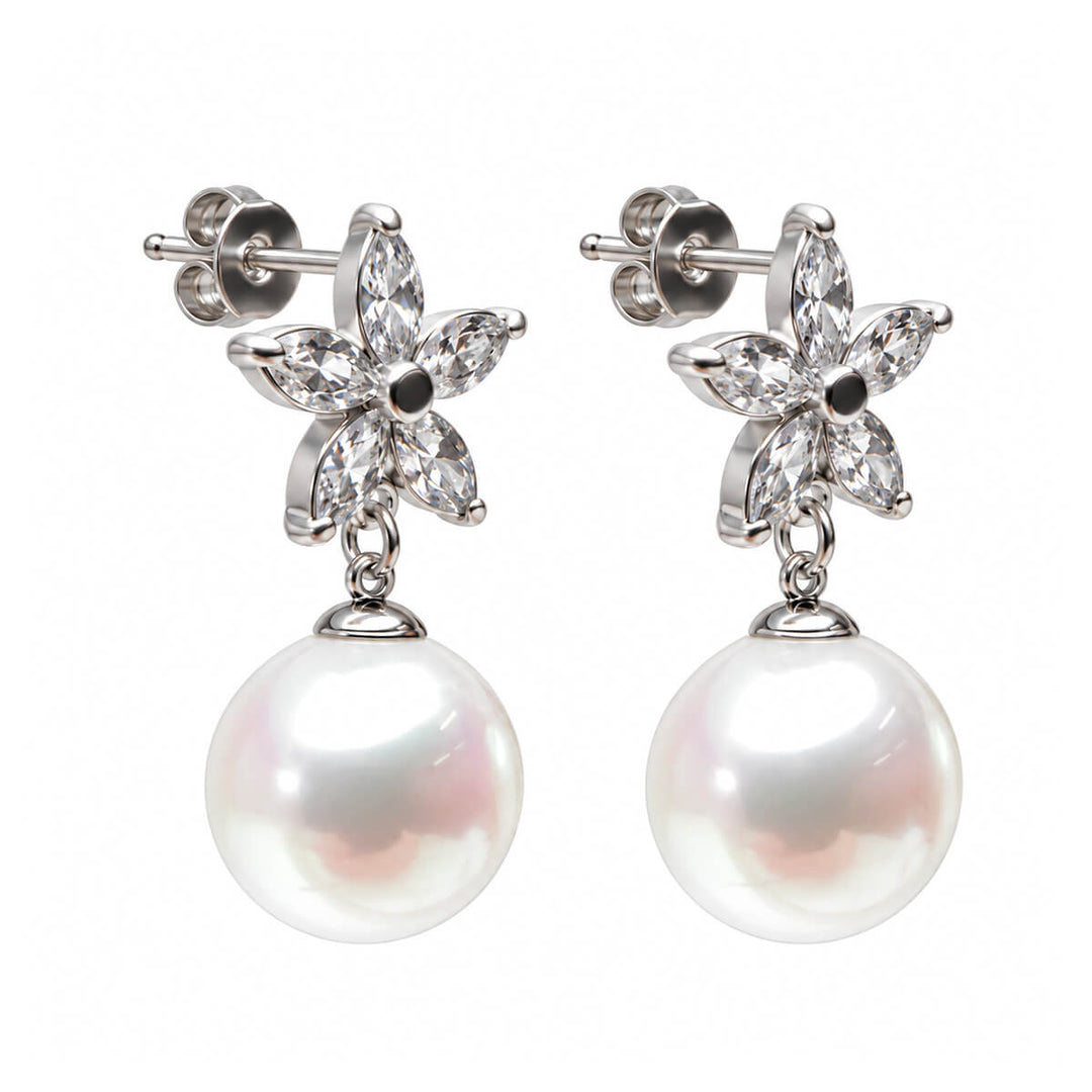 Zirconia Flower Earrings with Pearl Pendants (316L Stainless Steel)