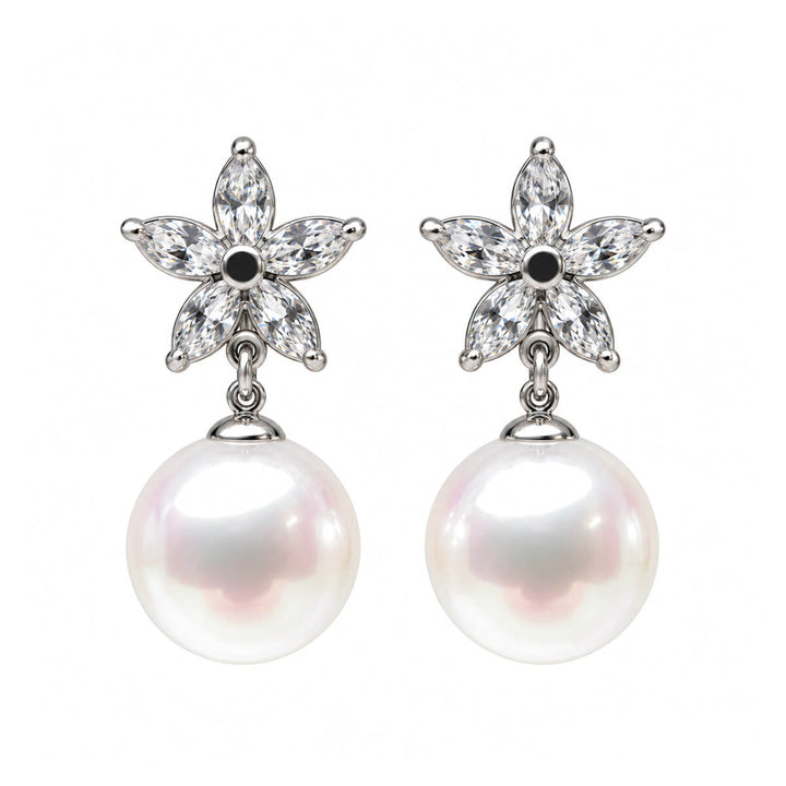 Zirconia Flower Earrings with Pearl Pendants (316L Stainless Steel)