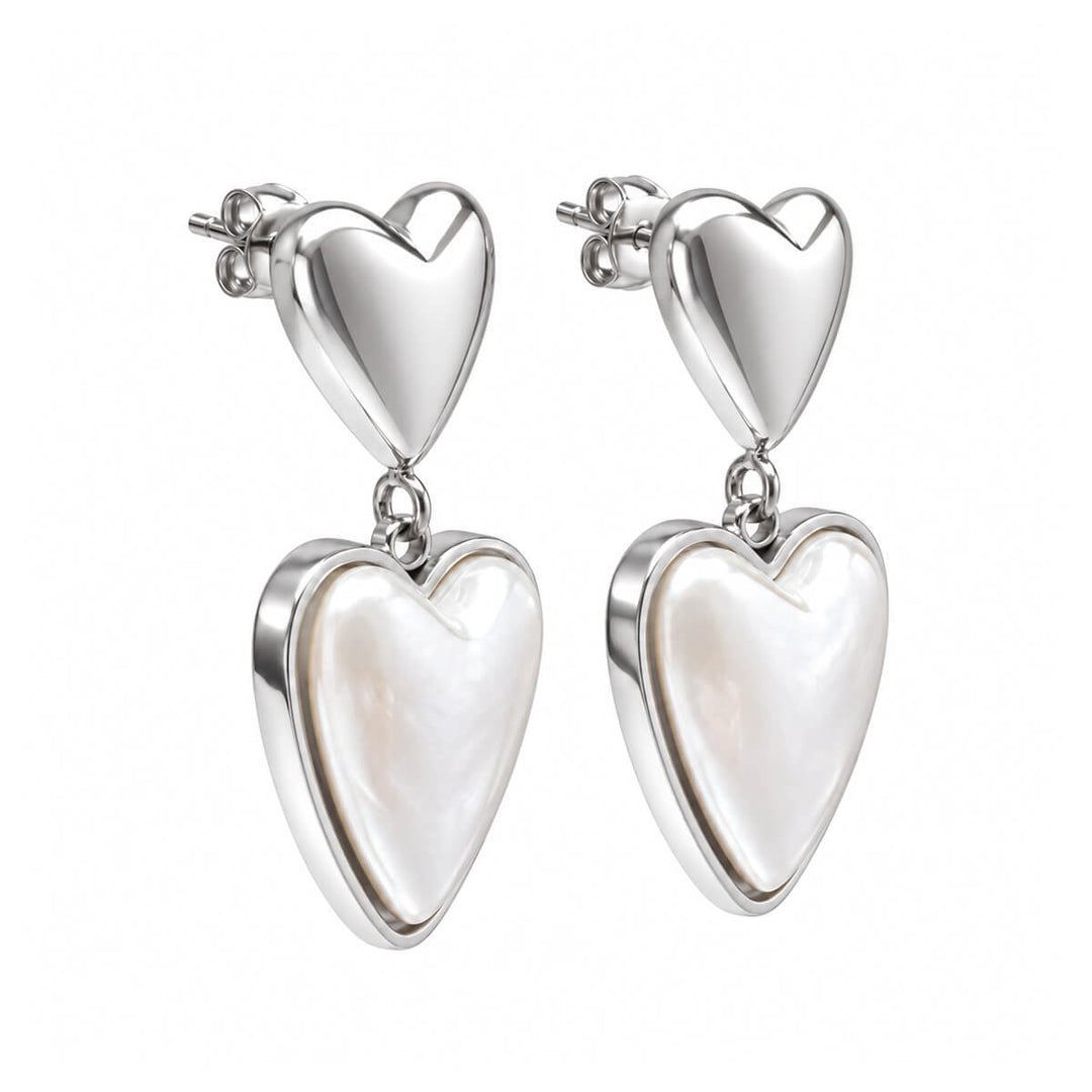 Dangle heart earrings with a pearl heart pendant (316L stainless steel)
