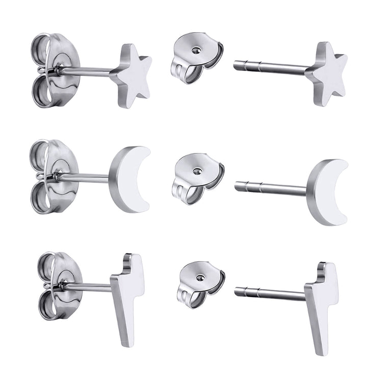 Titanium moon, star, lightning earrings, set of 3 pairs (Titanium G23)