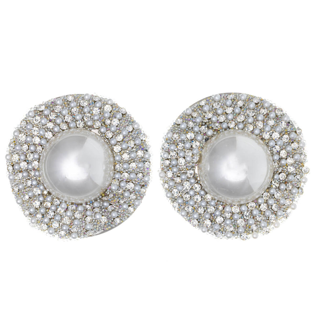 Large flat pearl earrings with rhinestones