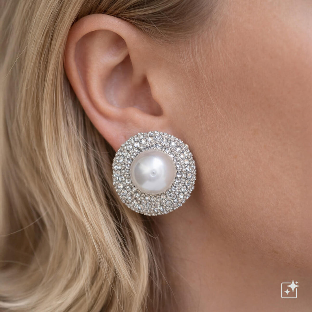 Large flat pearl earrings with rhinestones