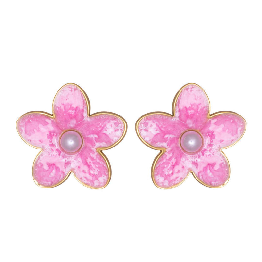 Flower earrings with pearl center – gold-plated steel