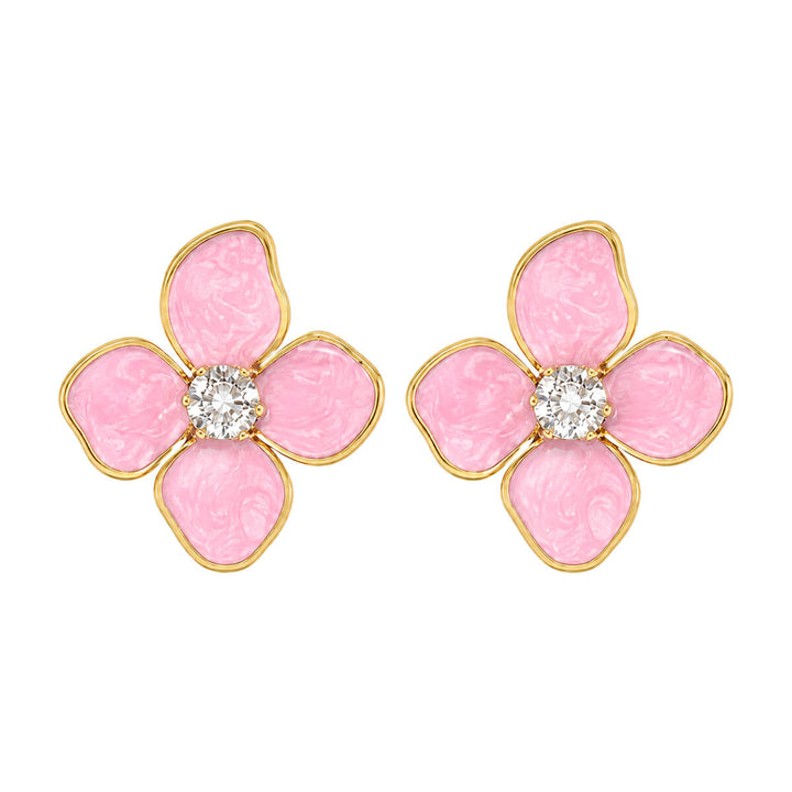 Colored flower earrings with cubic zirconia stones - gold-plated steel (316L steel)