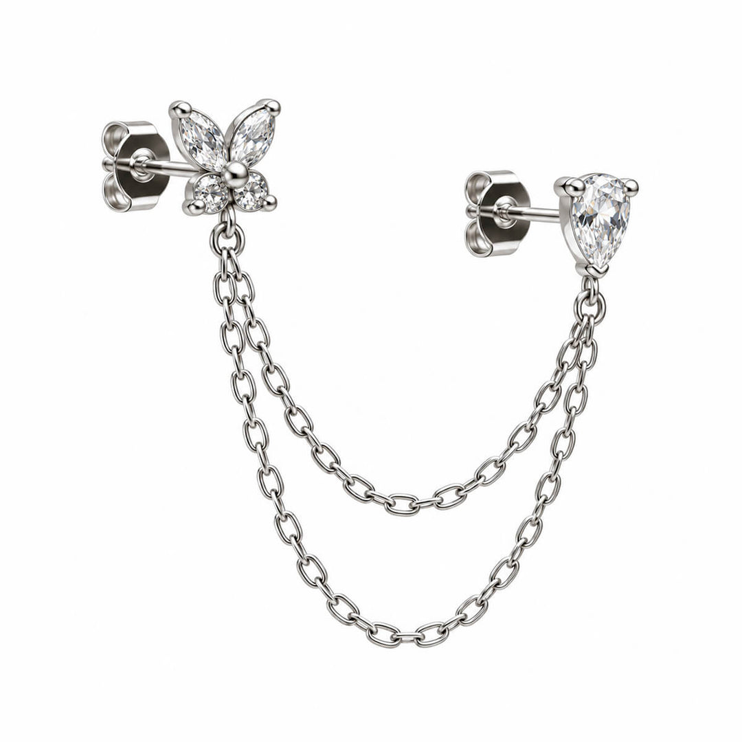 Chain Earrings for Two Piercings – Butterfly and Teardrop (316L Stainless Steel)