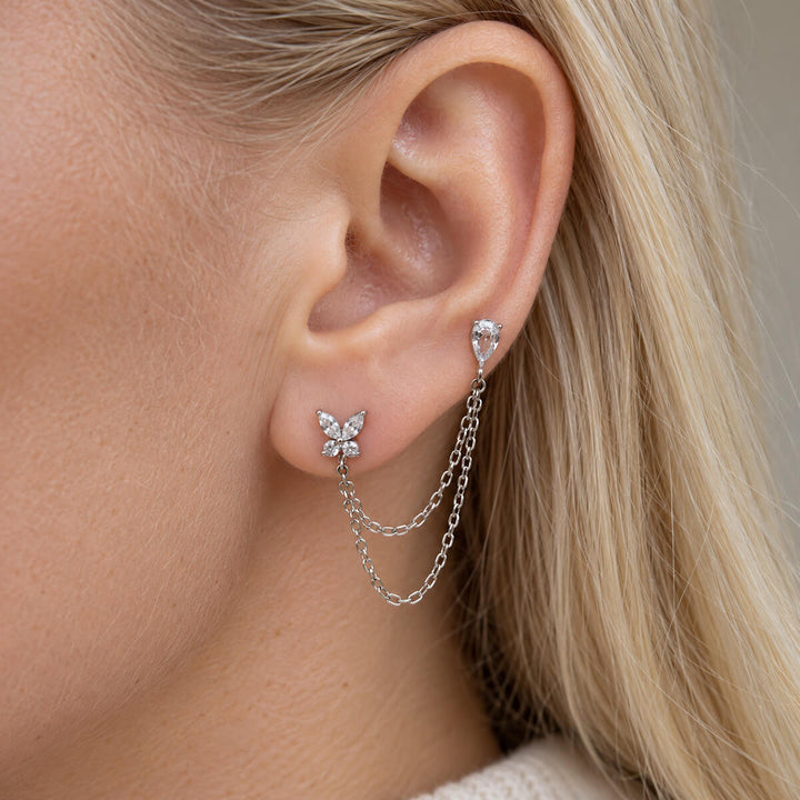 Chain Earrings for Two Piercings – Butterfly and Teardrop (316L Stainless Steel)