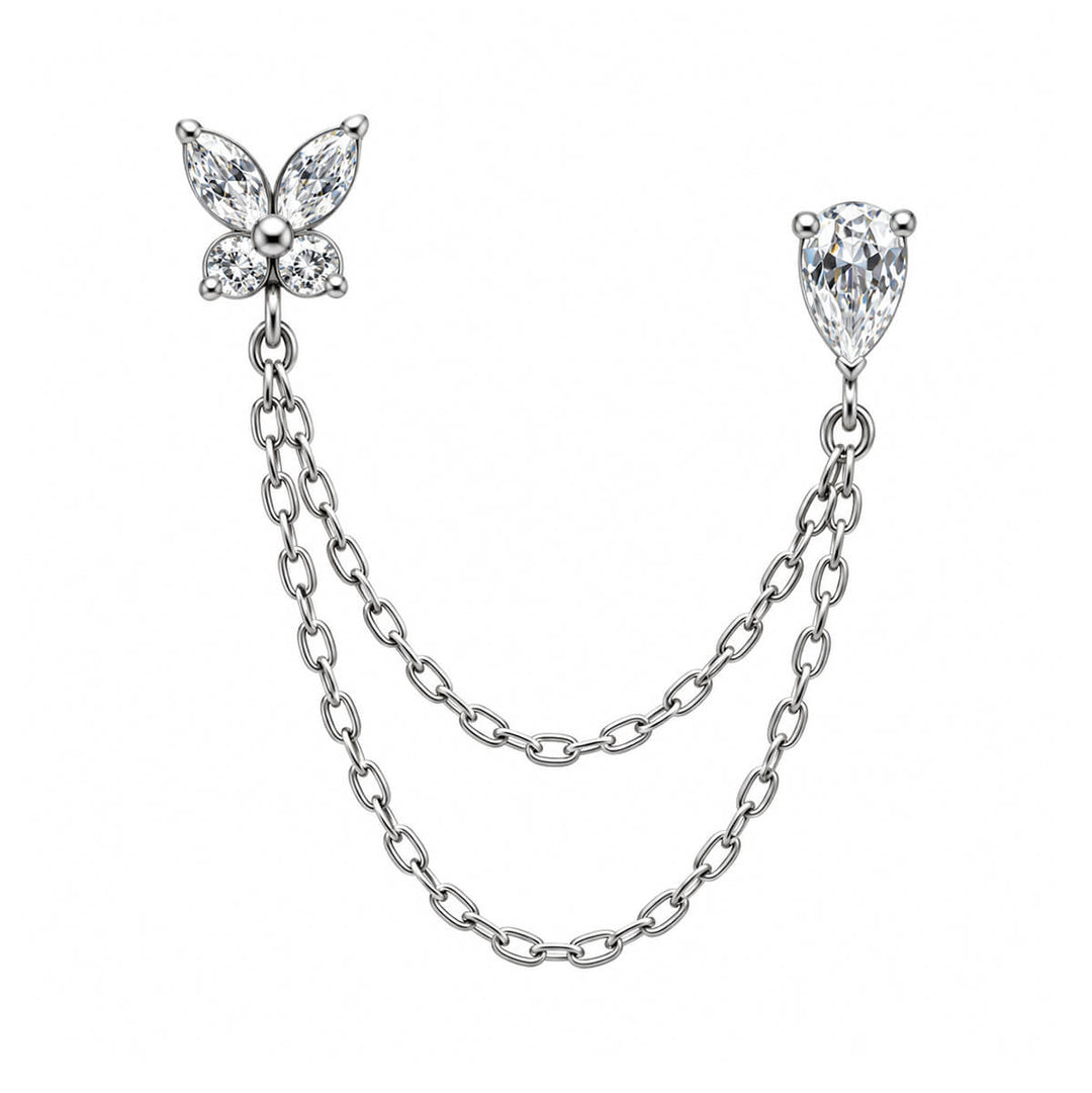 Chain Earrings for Two Piercings – Butterfly and Teardrop (316L Stainless Steel)