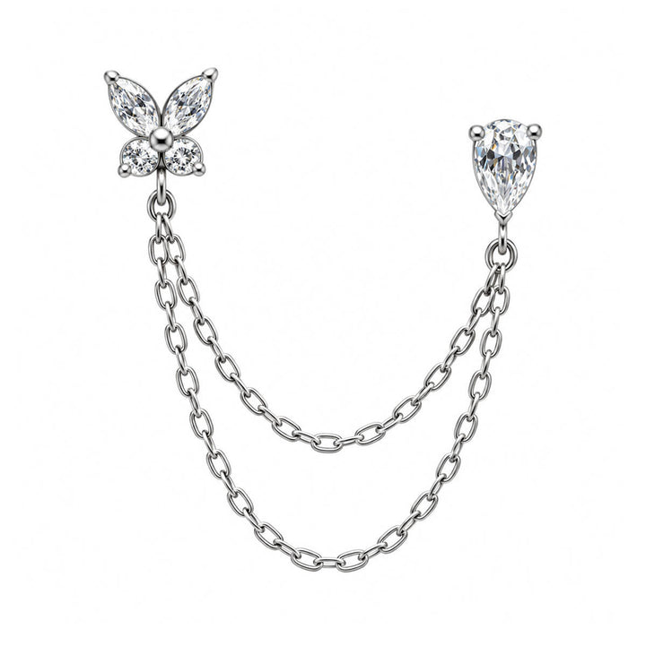 Chain Earrings for Two Piercings – Butterfly and Teardrop (316L Stainless Steel)