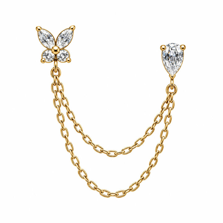 Chain Earrings for Two Piercings – Butterfly and Teardrop (316L Stainless Steel)