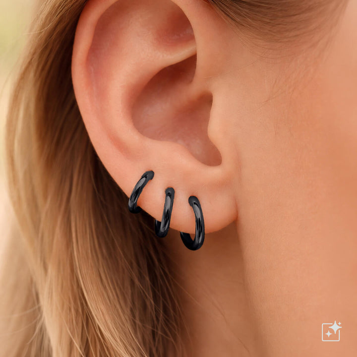 Black small steel ear rings, set of 3 pairs (8 mm, 10 mm & 12 mm)