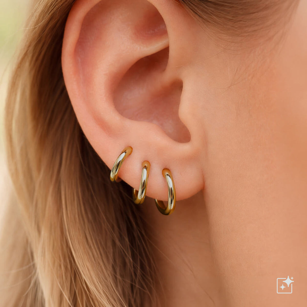 Set of 3 pairs of small gold steel ear rings (8 mm, 10 mm, and 12 mm)