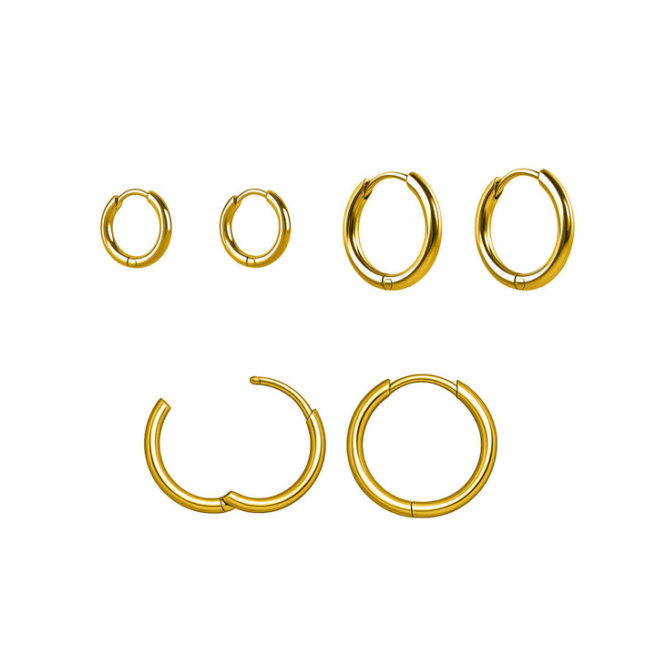 Set of 3 pairs of small gold steel ear rings (8 mm, 10 mm, and 12 mm)