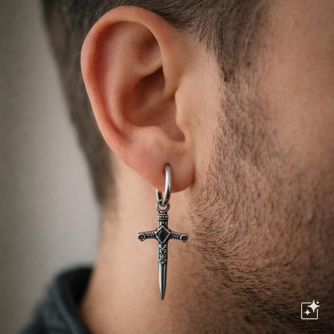 Men's earrings with dagger pendant - surgical steel