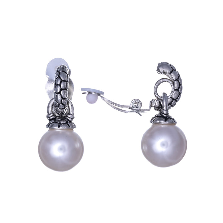 Curved half ring clip earrings with pearl pendant