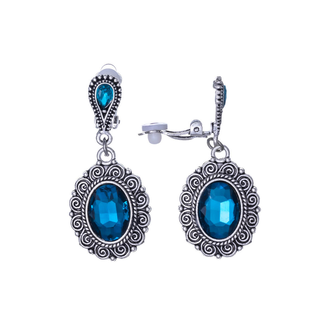 Hanging oval clip-on earrings with glass stones