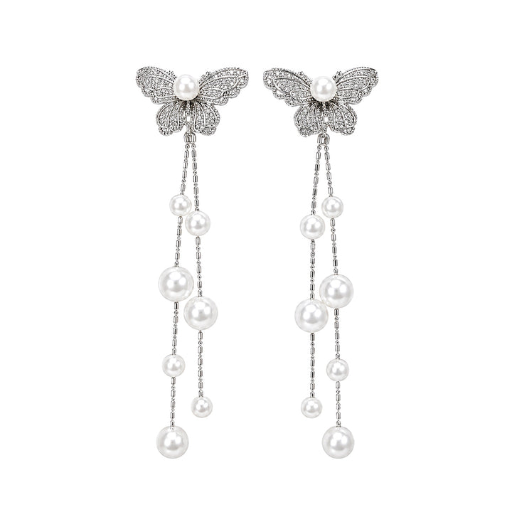 Zirconia butterfly clip earrings with a pearl strand