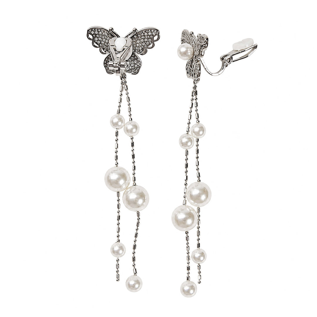 Zirconia butterfly clip earrings with a pearl strand