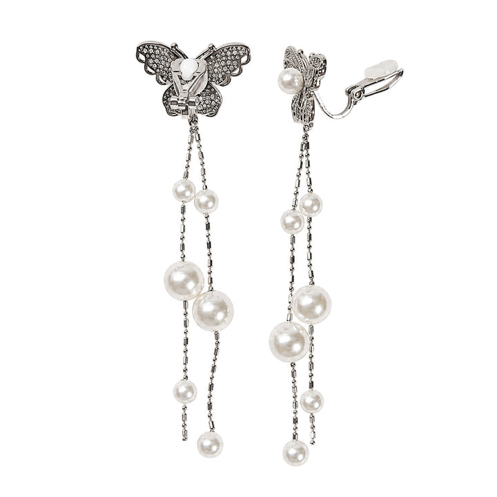 Zirconia butterfly clip earrings with a pearl strand