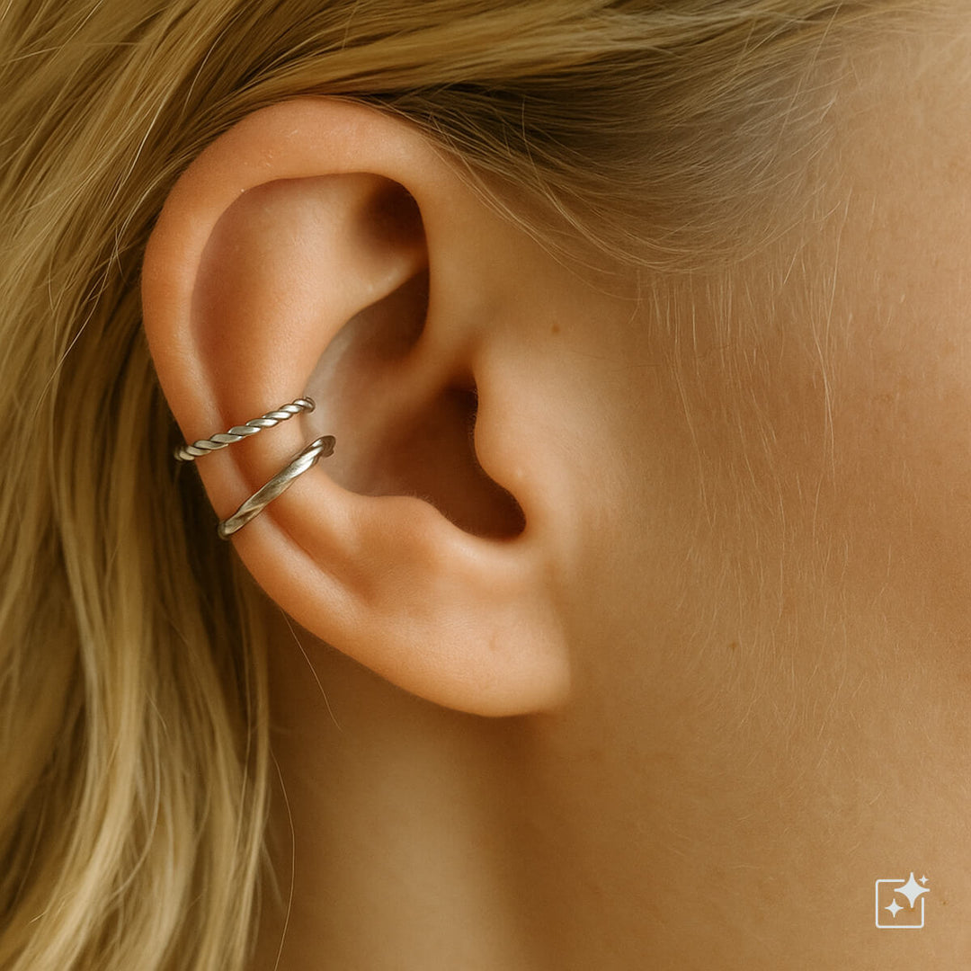 Textured ring ear cuff with cartilage tube 2pcs (Steel 316L)