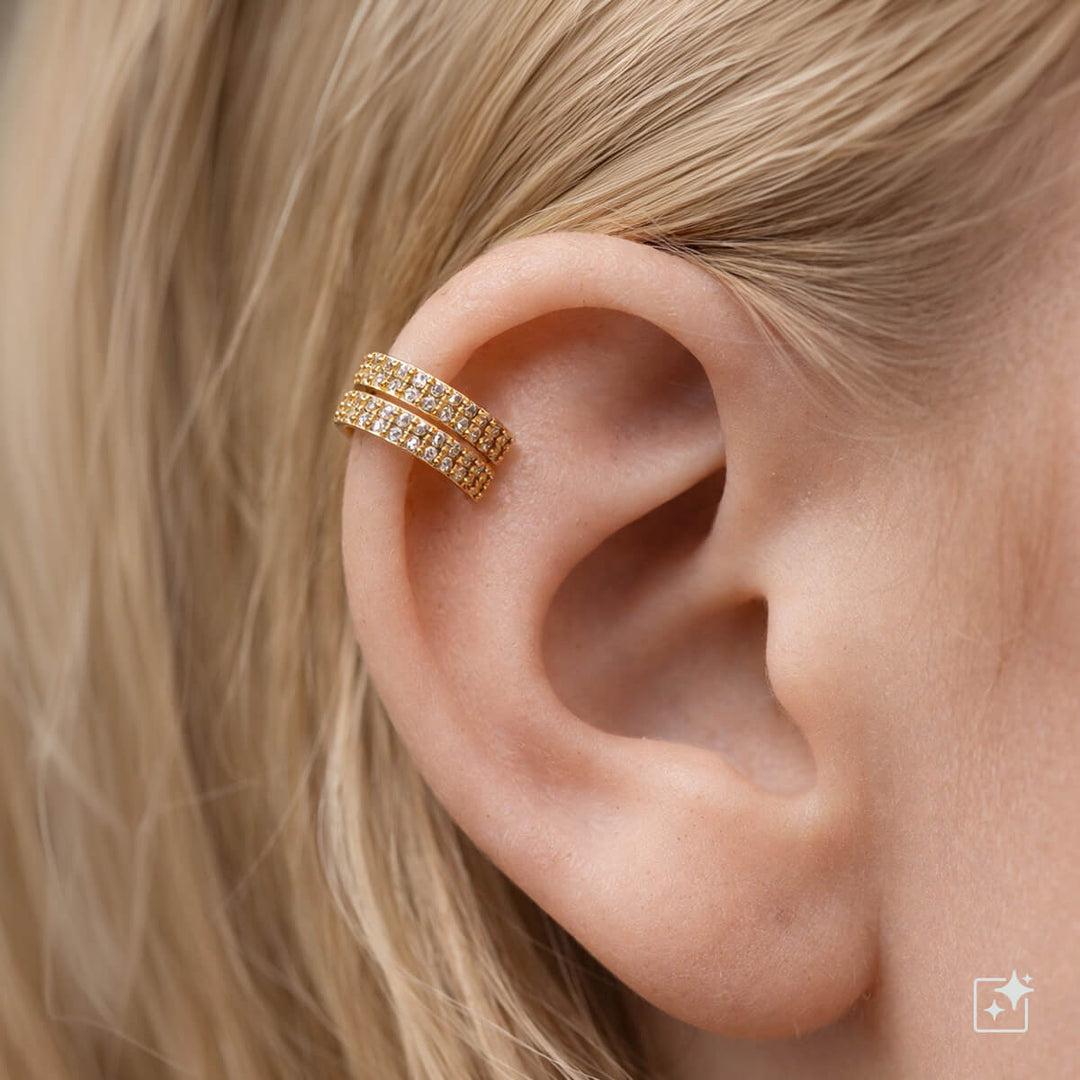 Zirconia-decorated double-row rustic ear cuff