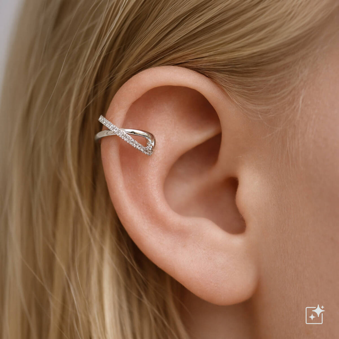 Zirconia decorated crisscross rustic ear cuff