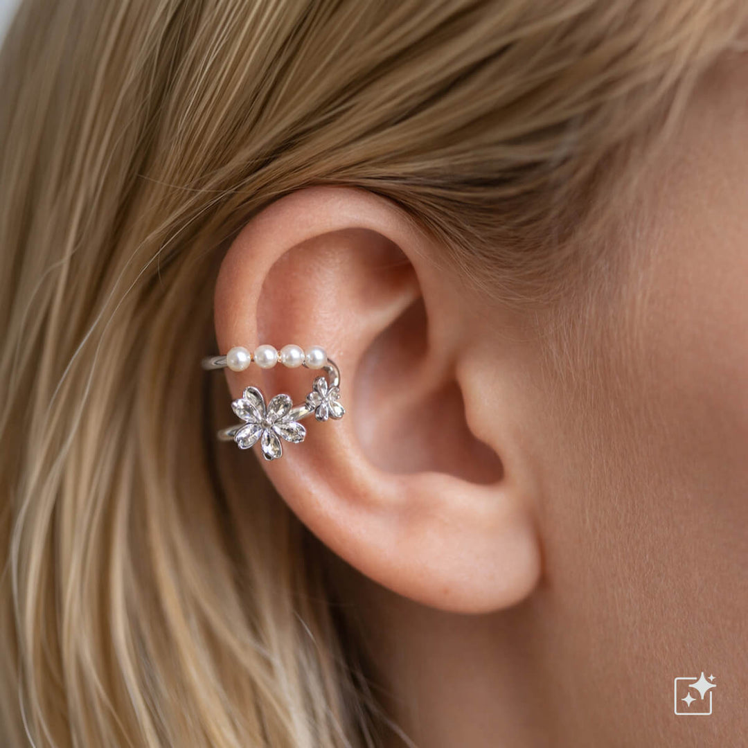 Zirconia flower ear cuff decorated with beads