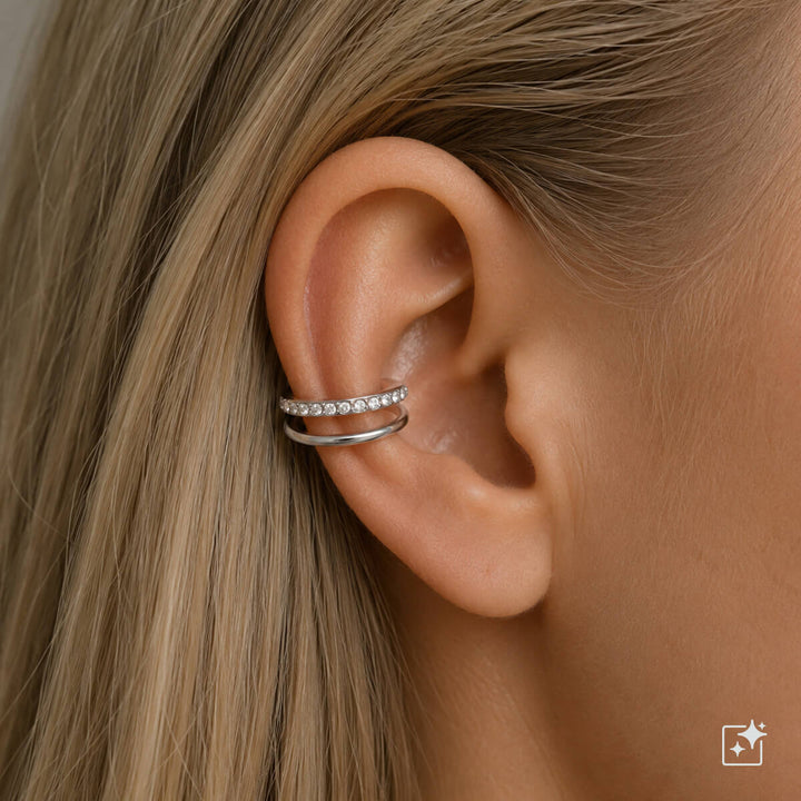Double-row ear cuff adorned with zirconia stones (316L stainless steel)