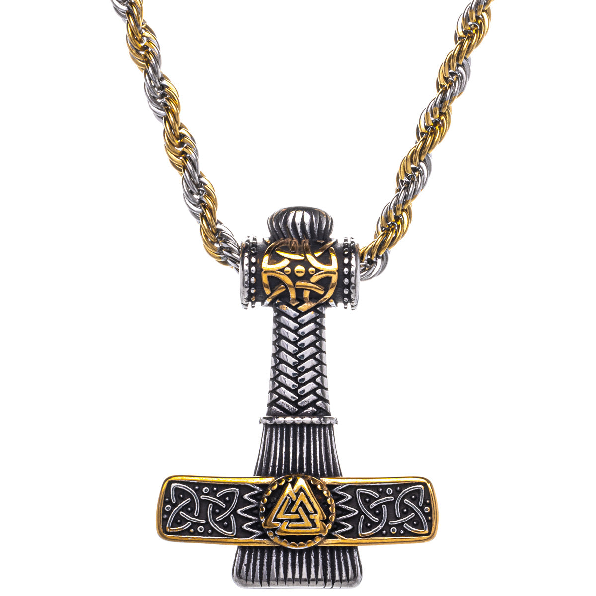 Kaksisävyinen Thorin vasara Mjölnir riipus kaulakoru  Aegishjalmur-symbolilla (Teräs 316L)