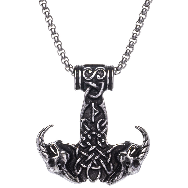 Goat skull Thor's hammer Mjölnir pendant necklace (Steel 316L)