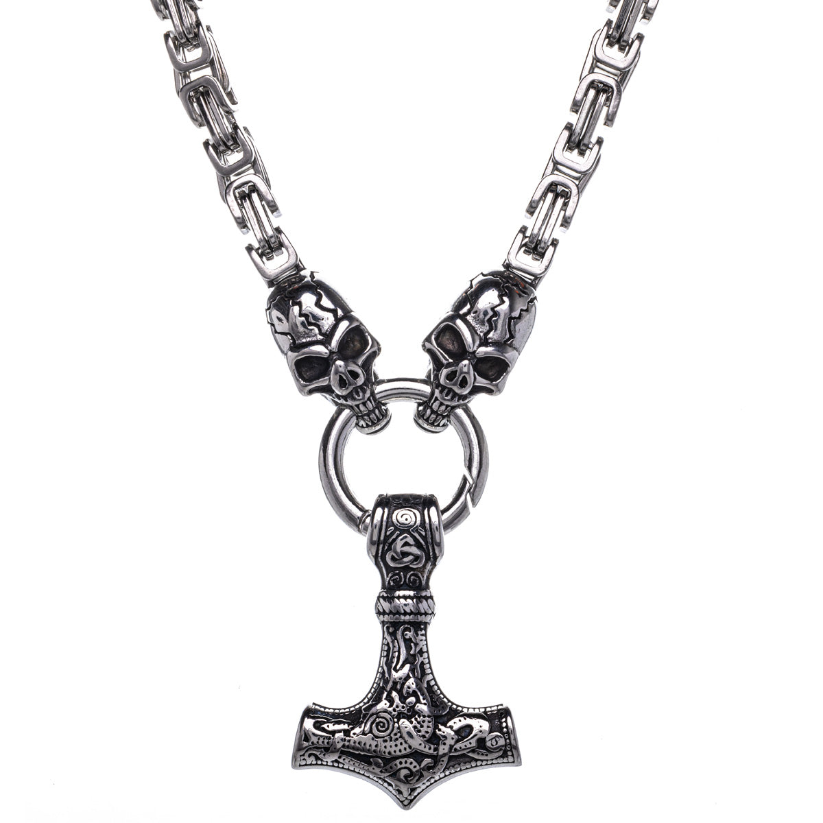 Thor's hammer pendant and skull chain necklace (Steel 316L)