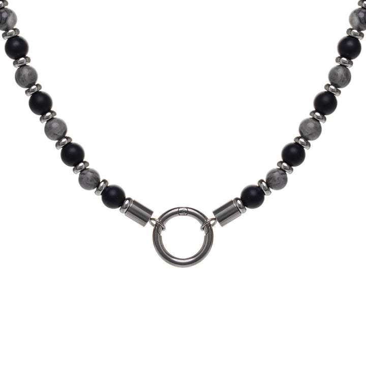 Necklace with an opening steel ring – black & gray beads