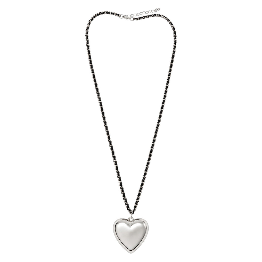 Long black necklace with a silver heart pendant