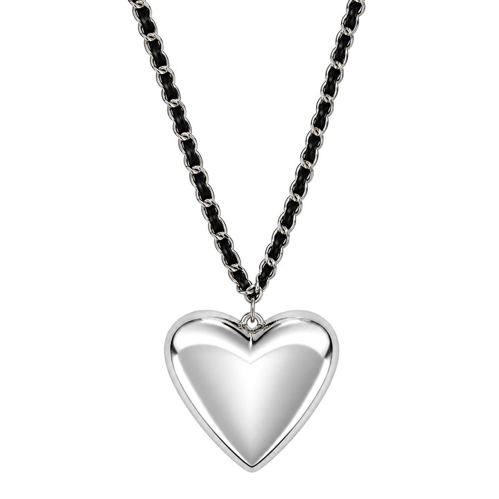 Long black necklace with a silver heart pendant