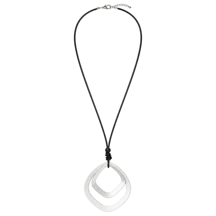 A long black necklace with two silver square pendants