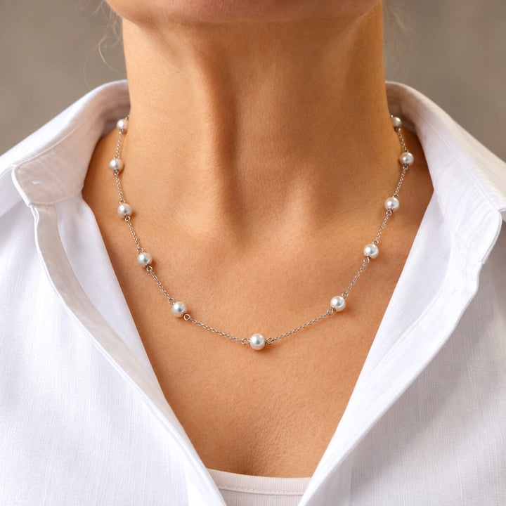 Bead Necklace with Steel Chain, 50 cm – White Beads