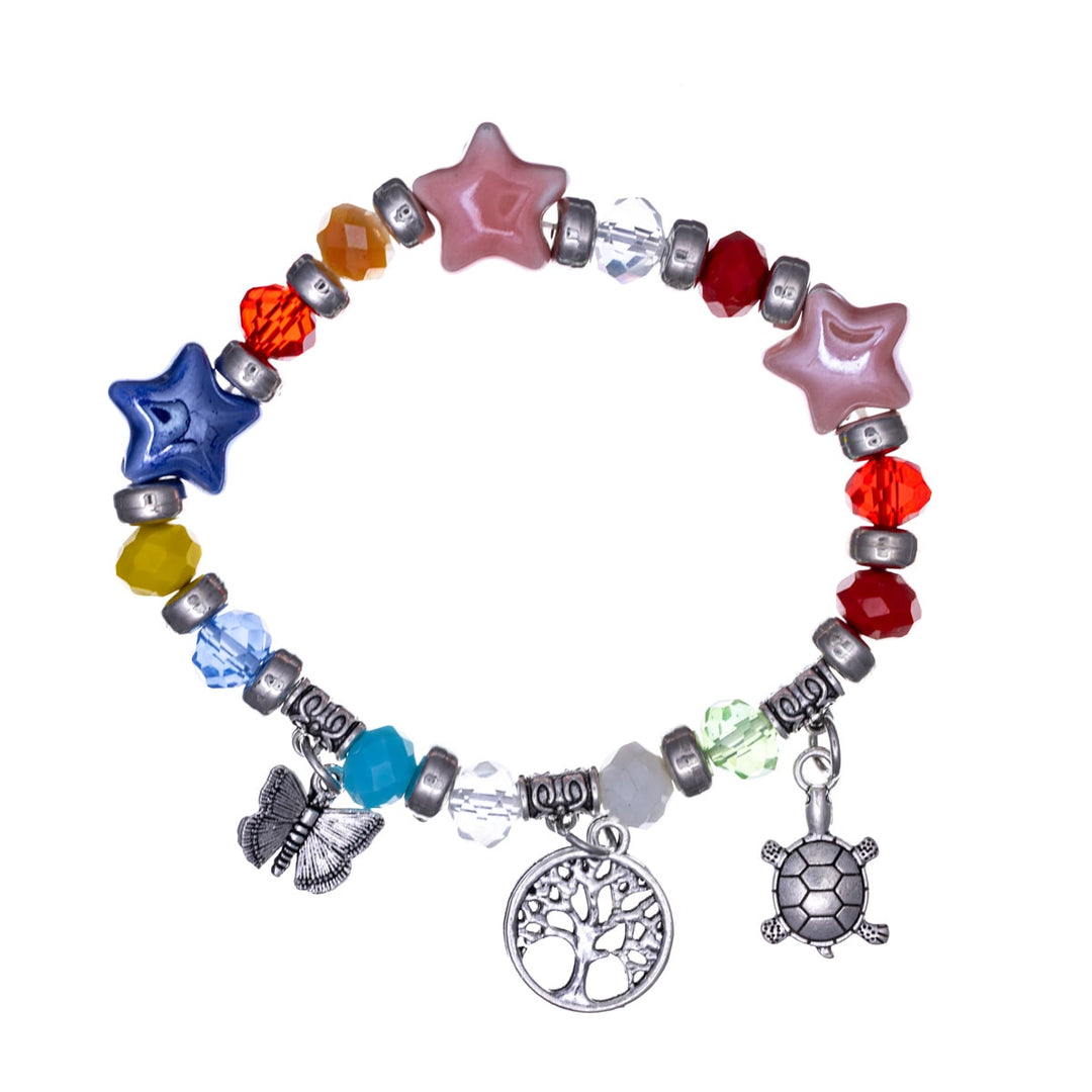 Flexible colourful star beaded bracelet with pendants