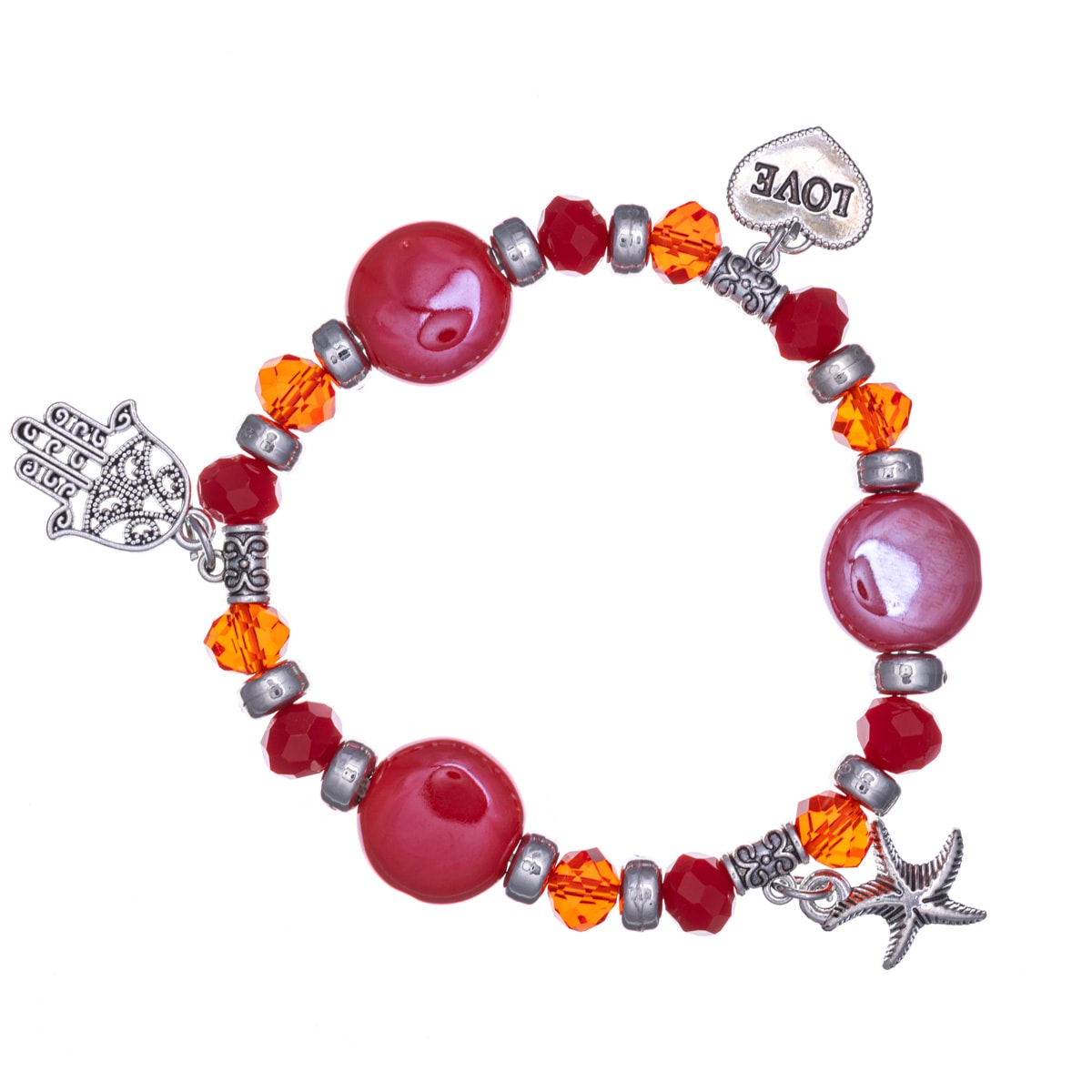 Flexible colourful beaded bracelet with pendants