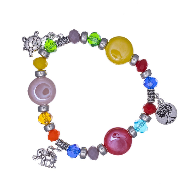 Flexible colourful beaded bracelet with pendants