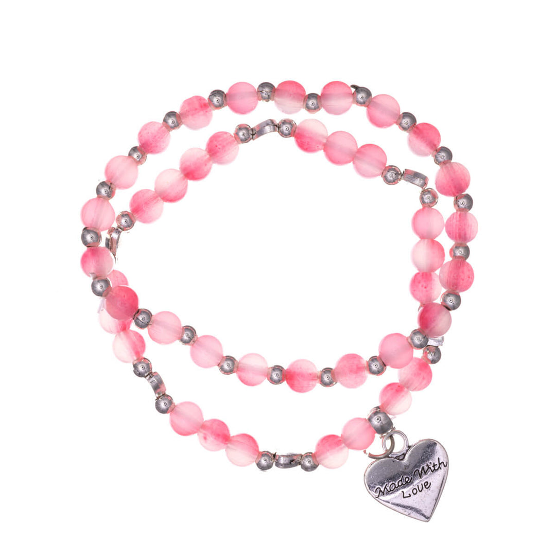 Flexible beaded bracelet with heart pendant 2pcs