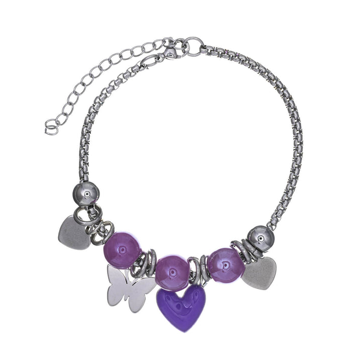 Bracelet with colourful beads and heart pendants (Steel 316L)