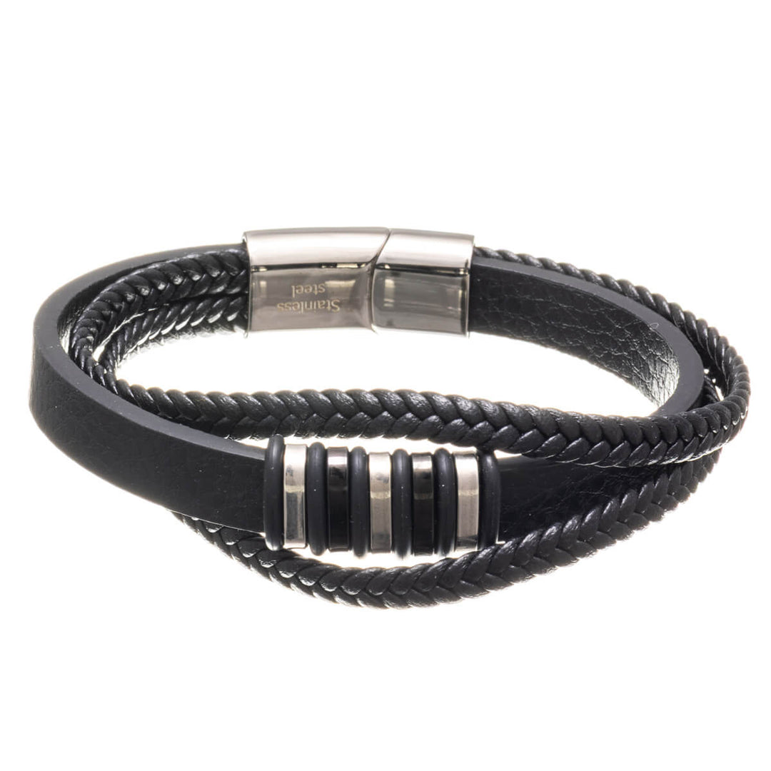 Multi row leather bracelet with steel ornaments (Steel 316L)
