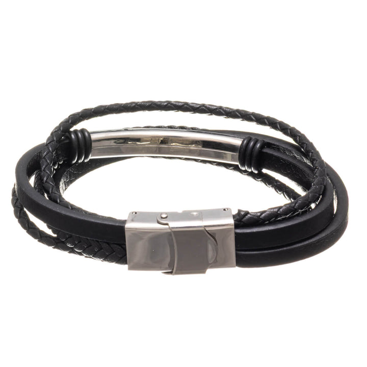 Multi row leather bracelet with steel plate (Steel 316L)