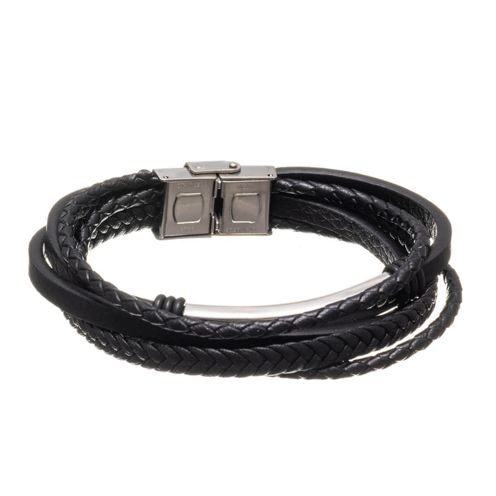 Multi row leather bracelet with steel plate (Steel 316L)