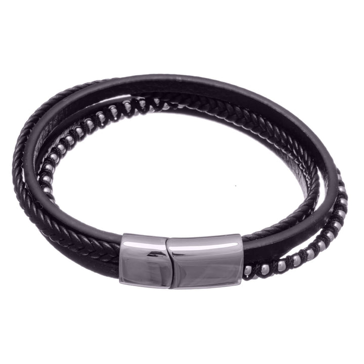 Multi row leather bracelet with steel beads (Steel 316L)